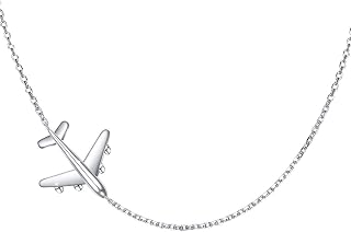 Airplane Sideways Choker Necklace S925 Sterling Silver Aircraft Jelwery Adjustable Clavicle Necklace 15+3 Inch for Women Lady, Best Gifts for Stewardess Flight Attendants