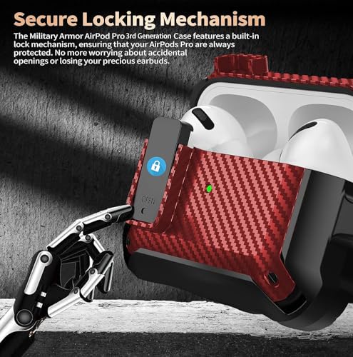 Image of Olytop for Airpods Pro 3 Case with Lock Clip, Rugged Apple Airpods Pro 3rd Generation Cover 2025 Men Women, Armor Shockproof iPod Pro3 Gen Protective Hard Shell with Carabiner&Cleaner kit,CF Black /Red