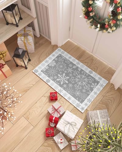 LBCASA グレー ホワイト スノーフレーク 屋内ドアマット - 40.6 cmx61.0 cm、クリスマス ノンスリップ ウェルカムマット アウトドア用 冬 ホリデー 玄関ラグ 玄関用 クリスマス ロープロファイルドアマット 玄関ラグ キッチン/バスルーム用 [4]