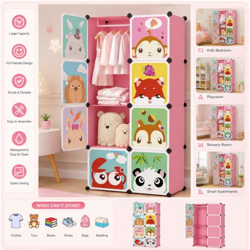 Image of Mevigo Foldable Plastic Wardrobe for Clothes - 8 Door Baby Cupboard for Clothes Storage, Wardrobe for Kids, Plastic Almirah, Collapsible Wardrobe for Kids Livingroom & Home -Pink-HJ