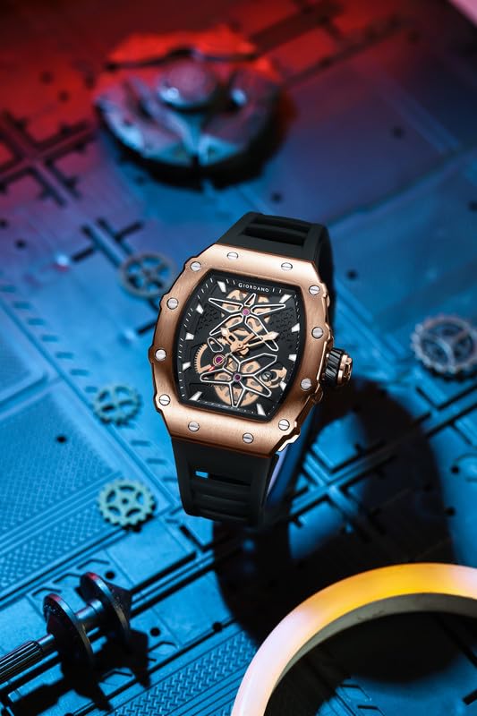Image of Giordano Analog Skeleton Dial Watch for Men - Tonneau Case, Silicone Strap, Open-Gear Sport Design, Quartz Movement