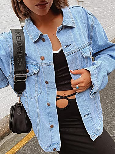Justalwart Oversized Denim Jacket for Women Jean Trucker Jacket (L, Light blue washed)