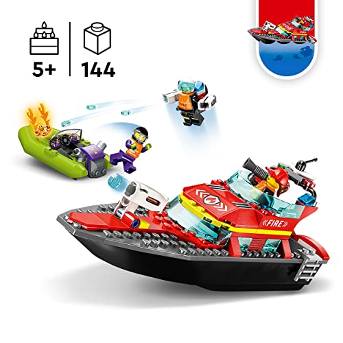 LEGO 60373 City Feuerwehrboot, Spielzeug, das im Wasser schwimmt, Geschenk zu Weihnachten für Jungen und Mädchen ab 5 Jahren, Feuerwehr-Boot-Spielzeug mit Rennboot, 3 Minifiguren und Jetpack – Bild 3
