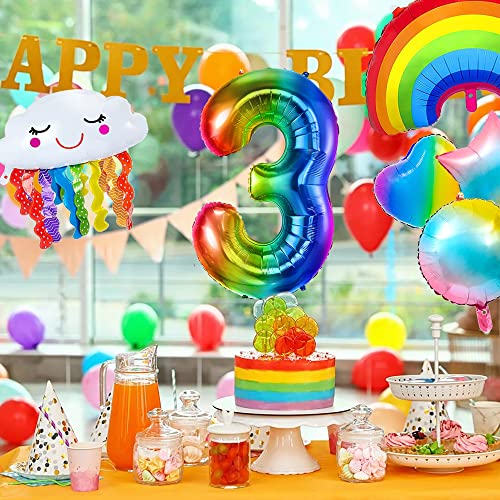 Number Balloon 3 Rainbow Balloons Large Cloud Foil Mylar Balloons Pastel Rainbow Party Decorations For Kids Girls Boys 4Th Party Supplies Decor Colorful Gradient Stars Heart Balloons #TOP5