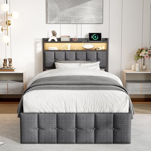 Polsterbett 90x200 cm, LED Einzelbett mit Staufach-Kopfteil und USB-Anschlüssen, Jugendbett 90x200 mit Hydraulischer Stauraum, Gästebett Funktionsbett Stauraumbett Bettgestell mit Lattenrost,Leinen – Bild 7