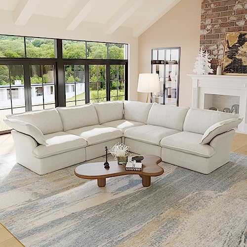WJShome 165.2" Cloud Modular Sectional Sofa, Modern Comfy Couch Filled with Down, Minimalist Wide Deep Seat Couches for Living Room Apartment Lounge Bedroom (5 Seater,White)