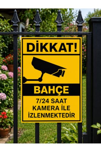 Pvc Bahçe Kapı Uyarı Levhası, 25x35 cm, Sarı-Siyah, 7/24 Kamera ile İzlenmektedir İkaz Tabelası