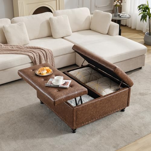 Tbfit 35.5″ Large Square Storage Ottoman, Oversized Coffee Table with Lift Top & Solid Wood Legs, Transitional Tufted Upholstered Faux Leather Ottomans Bench for Living Room, Dorm, Brown