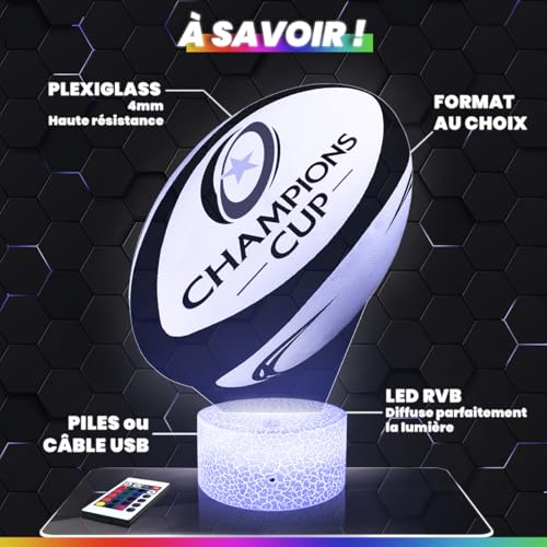 Lampe 3D Ballon Rugby Champions 16 couleurs Lampephoto.fr