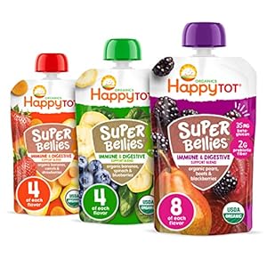 HAPPYTOT Organics Stage 4 Baby Food Pouches, Gluten Free, Vegan Snack, Super Bellies, Fruit & Veggie Puree, Variety Pack, 4 Ounce (Pack of 16), Amazon Exclusive