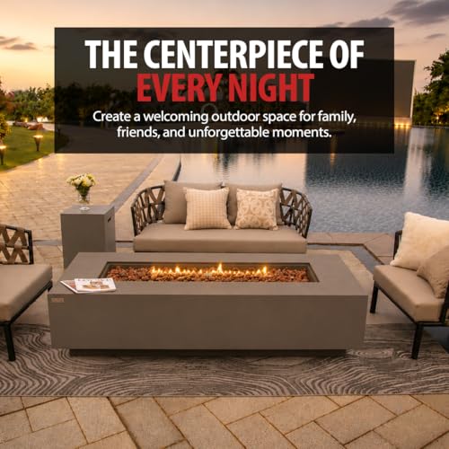 Image of AMS Creations | Savanah 72 inch Bundle Rectangular Cast Concrete Propane Gas Fire Pit Table | Light Gray | Smooth Texture Surface | Electronic Ignition | Outdoor Patio Heater Outside Backyard Fireplace