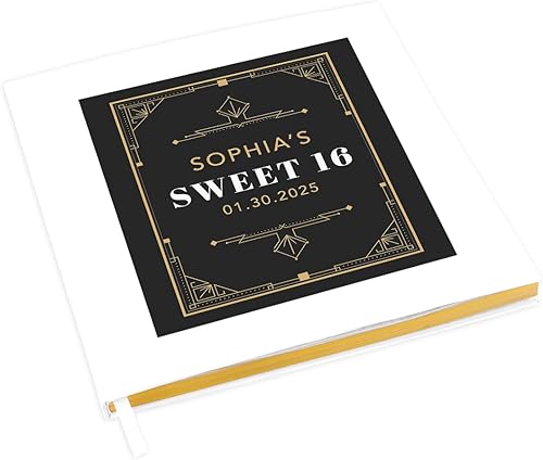 Andaz Press Libro de invitados personalizado Sweet 16 con detalles dorados, tema de Great Gatsby, 120 páginas de 8.5 x 8.5 pulgadas, tapa dura,