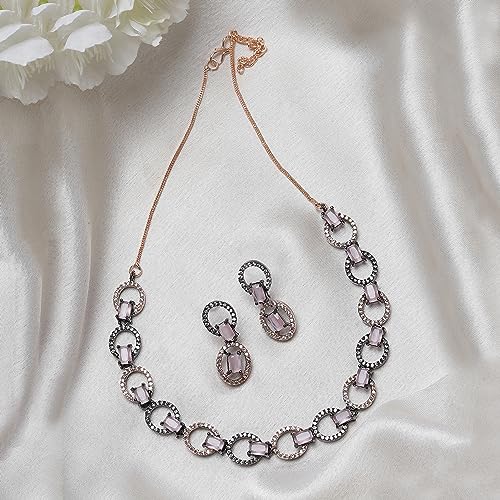 Image of ZENEME Rhodium-Plated American Diamond Studded Disc-Shaped Necklace With Earrings Jewellery Set For Girls and Women