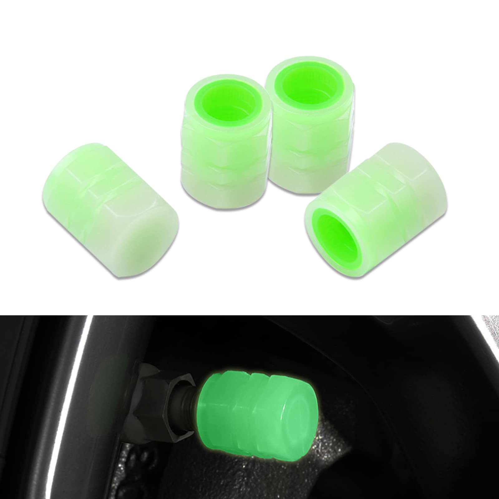 QODOLSI Tire Valve Stem Caps, Luminous Air Caps Cover, Universal Fluorescent Stem Caps for Cars, SUV, Trucks (Green/4 PCS)