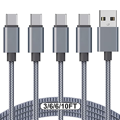 USB Type C Cable 3A Fast Charging [4-Pack 3 6 6 10ft], Compatible with Samsung Galaxy S10 S9 S8 S20 Plus A51 A11, Note 10 9 8, PS5 Controller (Gray)