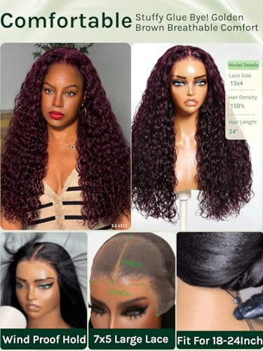Image of KLAIYI Bye Bye Slip Black Cherry Water Wave Pre Everything Glueless 13x4 Lace Frontal Wigs Human Hair Burgundy Drawstring Curly Pre Plucked Bleached Knots 3S Ready to Wear and Go Beginner Wig 26Inch