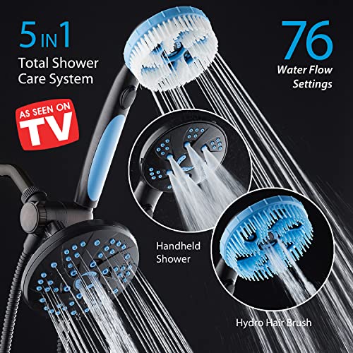 5-In-1 Aquassage By Aquacare - High Pressure 76-Mode Shower Head, Combo, Hand Shower, Body Brush & Hair Brush In One! With Two Brackets, Extra-Long 6 Foot Stainless Steel Hose & Brush Head Holder #TOP1