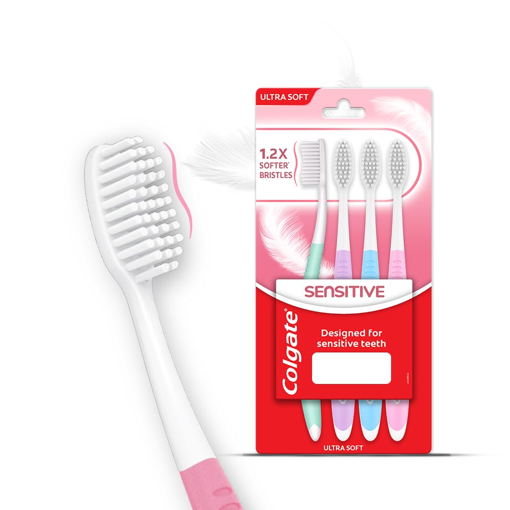 Colgate Sensitive+ Ultra Soft (1.2X softer bristles) Manual Toothbrush Designed for Sensitive Teeth (Mega Saver Pack) - 4 Pcs, Multicolor