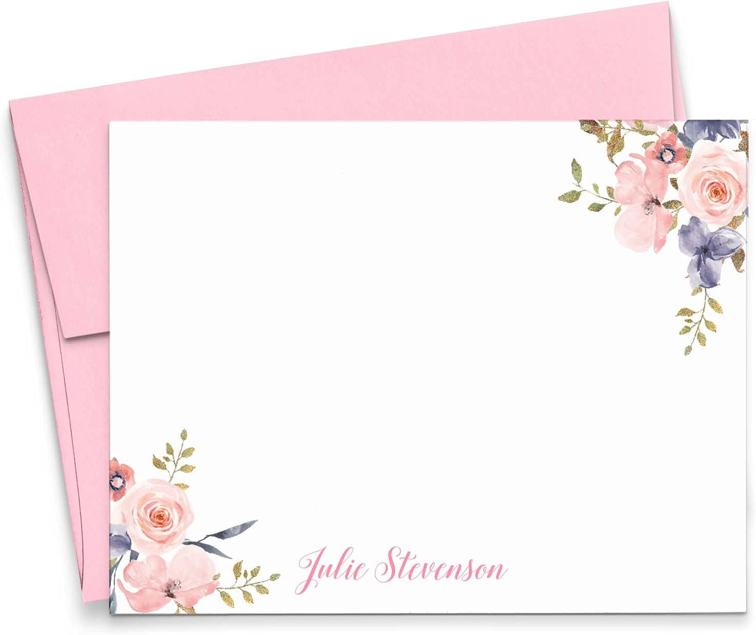 Modern Pink Paper Personalized Floral Stationery Set, Stationery for Women, Personalized Thank You Cards, Personalized Note Cards, Your Choice of Colors and Quantity