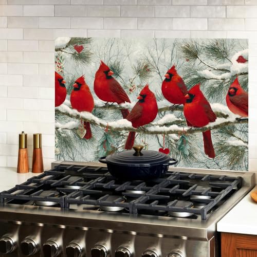 Image of Kitchen Oil Proof Sticker 35.4 x 23.6 Inch Red Cardinal Birds on Pine Branches Peel and Stick Backsplash Wallpaper for Kitchen Wall Behind Stove Counter Decor