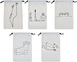 IVILLAGE Premium Reusable & Washable Cotton Fabric Drawstring Travel Pouch/Bag | Handcrafted Doodle Design | Ideal for Earphones, Makeup, Sunglasses, Socks & Toiletries | Pack of 5