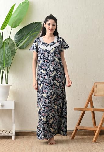 Image of Ichaa Women's Rayon Printed Round-Neck Nighty with Pocket, in Plus Sizes