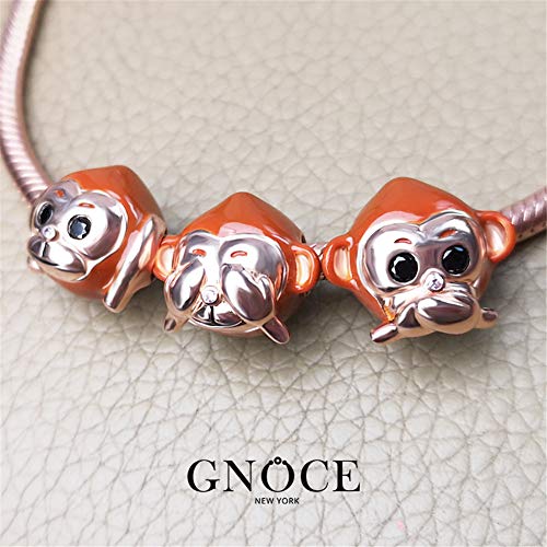 GNOCE [3 Stück]“Weise als Affe“ Charm Set 925 Sterling Silber Perlen Charm Set Champange Plattiert für Armbänder Halsketten - 3