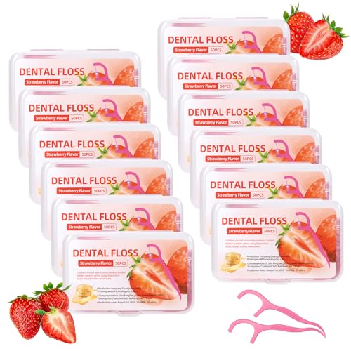 600 fil dentaire avec manche à la fraise pour les soins dentaires - Bâtonnets de nettoyage dentaire pour éliminer la plaque dentaire et les résidus alimentaires
