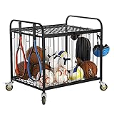 MyGift Lockable Ball Cart with Wheels, Heavy Duty Rolling Sports Ball Cage with 8 Accessory Hooks, Large Capacity Metal Black Volleyball Cart