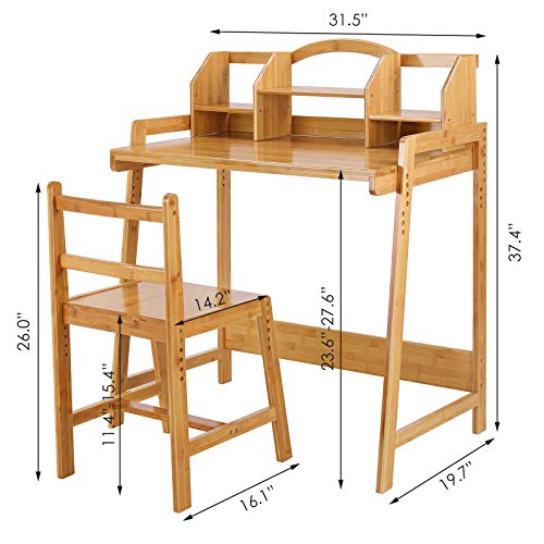 Clevich Kinder Schreibtisch Höhenverstellbar, Kinderschreibtisch mit Stuhl, Bambus Holz Schreibtisch mit Stauraum, Schülerschreibtisch mit Buchhalterung, Kinderschreibtisch für Kinderzimmer, Gelb