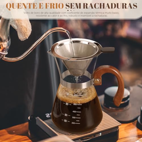 Cafeteira com Coador de Aço Inox, para 600ml, Coador de Cafe, Passador de Café Vidro Borossilicato c