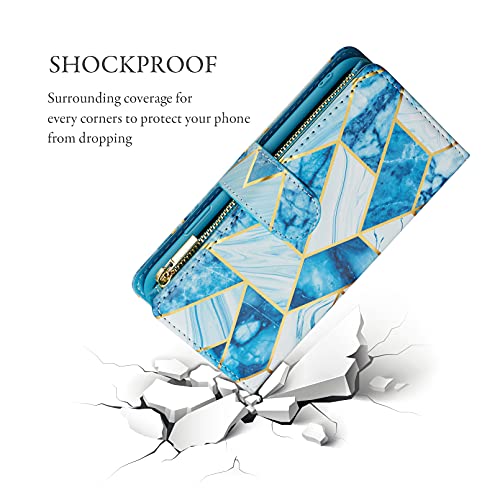 UEEBAI Wallet Case for iPhone 16, Premium PU Leather Magnetic Closure Handbag Zipper Pocket Case Kickstand Card Slots with Hand Strap Shockproof Flip Case - Marble Blue by UEEBAI - Used condition - Image 7