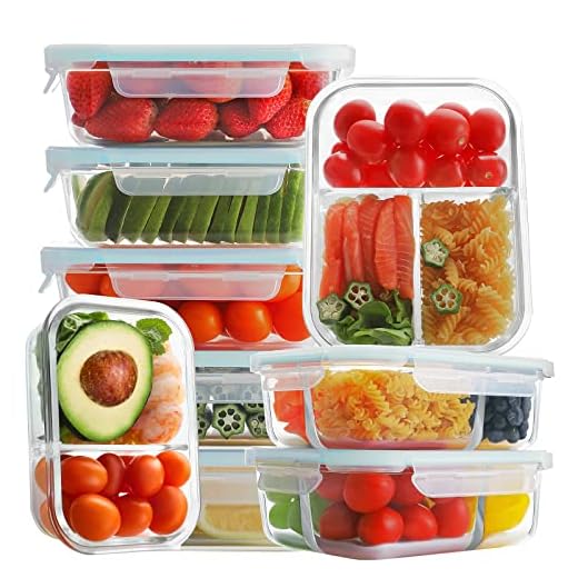 Bayco 9 Pack Glass Meal Prep Containers 3 & 2 & 1 Compartment, Glass Food Storage Containers with Lids, Airtight Glass Lunch Bento Boxes, BPA-Free & Leak Proof (9 lids & 9 Containers)