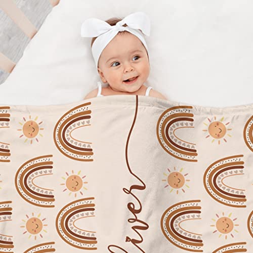 Image of Custom Baby Shower Nursery Blanket, Personalized Blankets with Name, Customized Boho Rainbow Blanket for Kids Girls, Newborn Baby Girls Shower Gifts for Christmas Easter Birthday