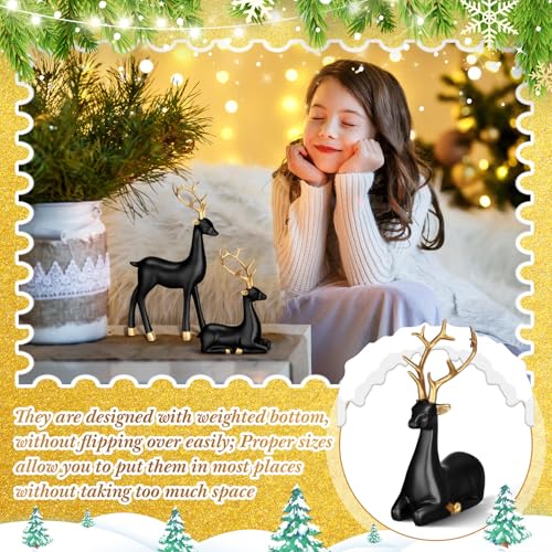 Thyle 4 Pcs Christmas Reindeer Decor Small Resin Standing Sitting Deer Figurine Mini Reindeer Christmas Table Decoration for Home Indoor Xmas Holiday Small Statue Rustic Table Decor(Black, Gold) by Thyle - Image 4