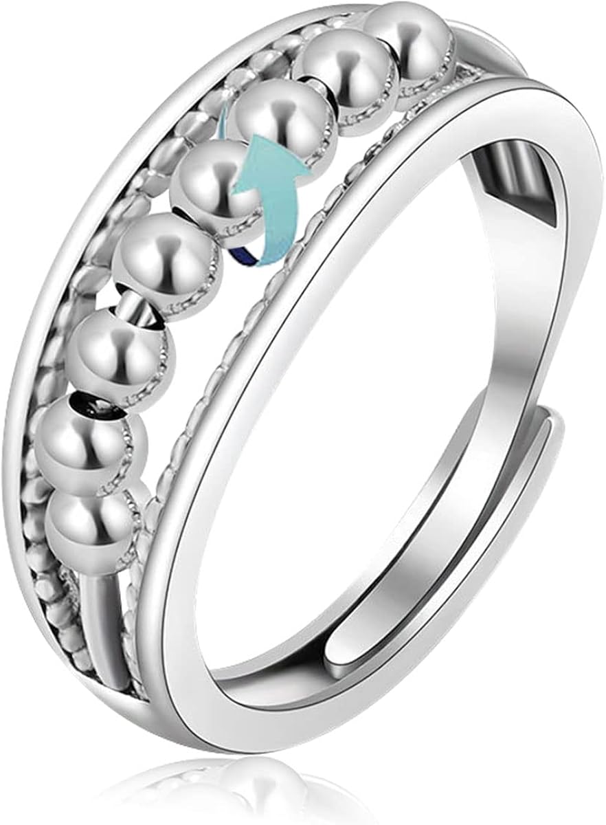Vito Anillo de plata de ley para ansiedad para mujeres y niñas anillos giratorios abiertos ajustables joyería giratoria para aliviar el estrés
