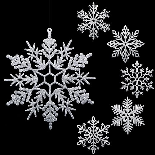 Sratte 36 Pack Large Glitter Snowflake Ornaments 12" (Silver)