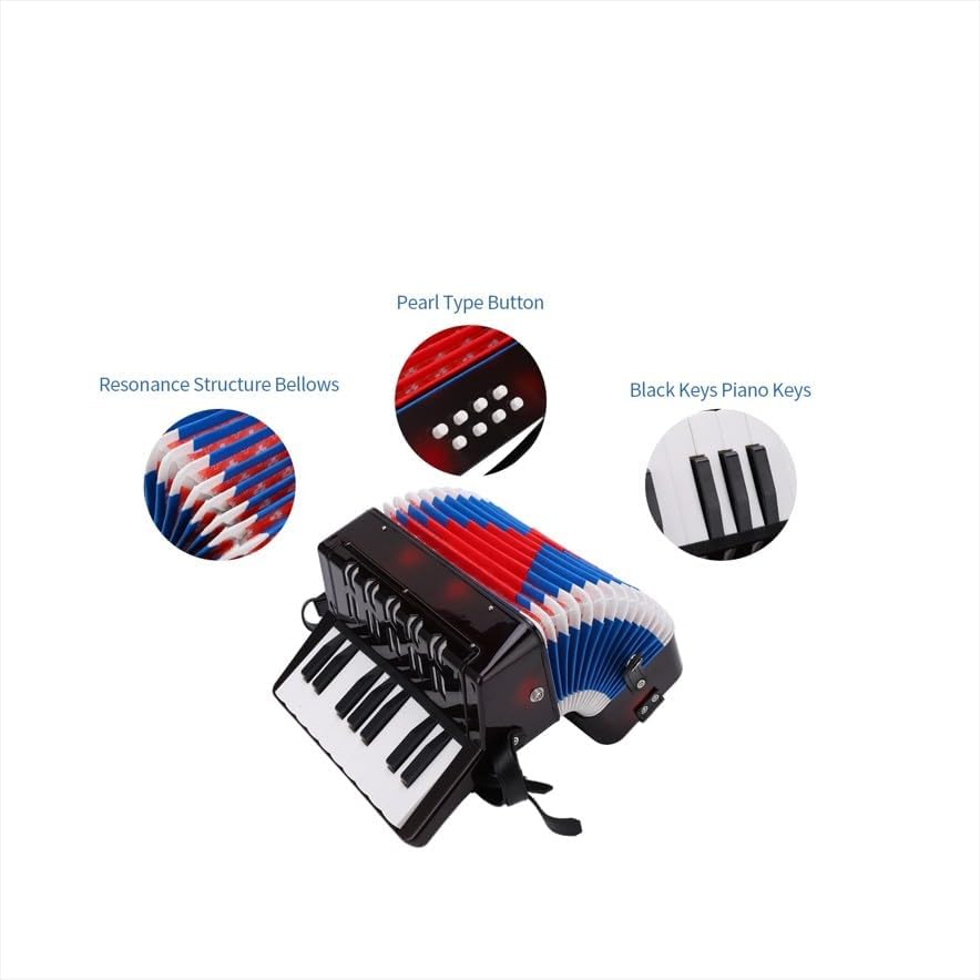 Kids Accordion, 17 Key Mini Accordion Instrument with Retractable Leather Strap for Children Beginners