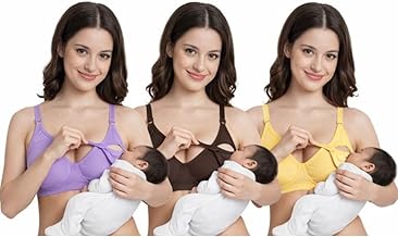 Women's Cotton Feeding Bra Combo Pack of 3 | Full Cup Non Padded Wire Free Nursing & Maternity Bra with Easy Feeding Clasp & Adjustable Straps