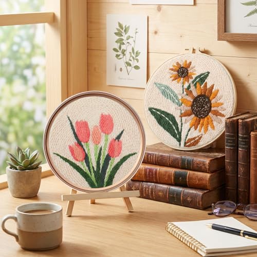Image of Lyksgir 3 Sets Punch Needle Kits, Punch Needle Embroidery Starter Kits for Adults Beginners, DIY Easy Flower Embroidery Set with Printed Pattern, Hoops, Yarns, Instruction and Threader Tools