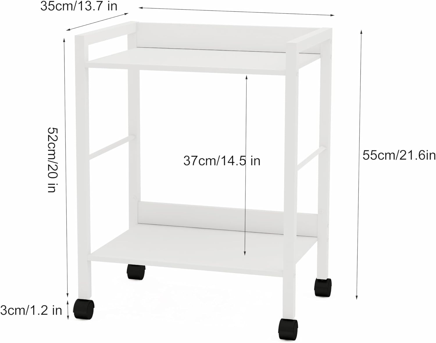 2-Tier Rolling Utility Cart with White Shelves and White Metal Frame, Industrial Mobile Storage Trolley on Wheels for Kitchen, Office, Bathroom, Living Room