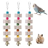 CVASNF 3 Stück Große Vogel Kauspielzeug, Mineralstein-Backenzahn-Spielzeug mit Glocke Hängende Papagei Vogel Zähne Schleifstein Kalkstein für Wellensittiche Kakadu Sittich Lovebird