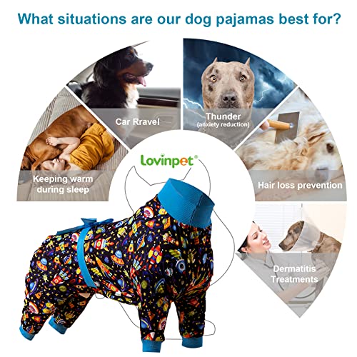 Lovinpet Pajamas Dog Clothes - Large Dog Pajamas, Post Surgery Recovery Shirt, Stretchy Fabric, Aim For The Moon Flannel Navy Print, Dog Pj's, Anti Licking, Easy Wear Dog Jammies,Black Blue M #TOP2