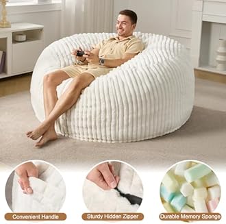 Hobestluk 5ft Bean Bag Chairs for Adults Large Beanbag Chair with Dutch Corded Plush Cover Big Bean Bag Chair for Living Room Bedroom Dorm Office - White (50” x 50” x 24”)