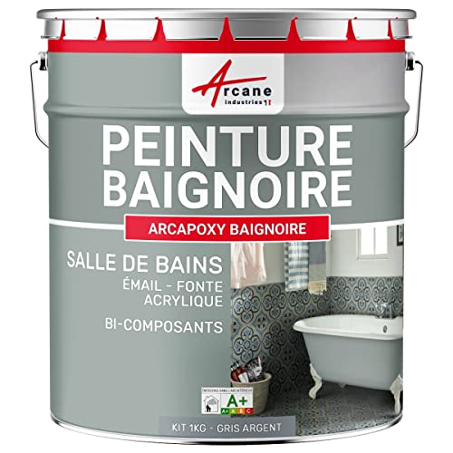 Peinture Baignoire Lavabo Bac à douche : Résine Salle de Bain pour Baignoire émail, acrylique et fonte - 1 kg (jusqu'à 3 m² en 2 couches) Gris Argent - RAL 7001 - ARCANE INDUSTRIES