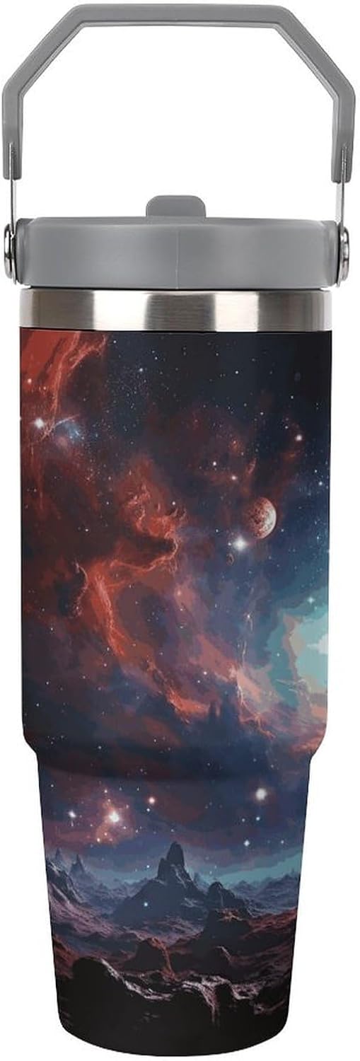 Space with Cluster Water Bottle 30 Oz Fits Car Cup Holder,Insulated Coffee Mug Large Capacity Car Cups,Stainless Steel Double Wall Sport Bottle for Travel Sports Gym