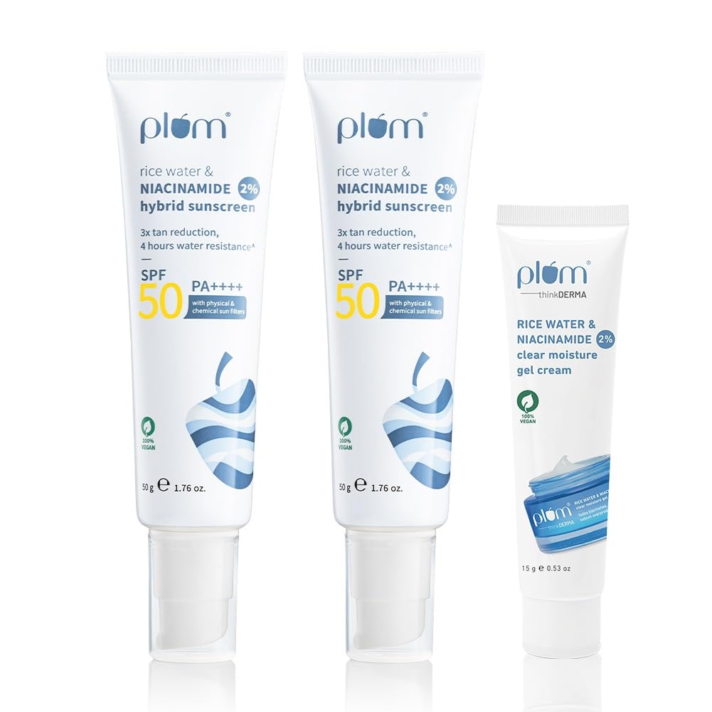 Plum All Sunscreen-Spf 50 Pa++++ 2% Niacinamide & Rice Water Sunscreen Pack Of 2|100 Gm + Free Think Derma 2% Niacinamide & Rice Water Clear Moisture Gel Cream-15G