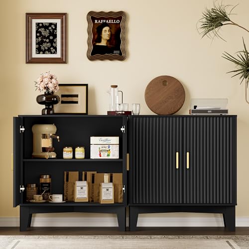 Image of BORNOON Storage Cabinet with Doors and Adjustable Shelf, Modern Fluted Sideboard Buffet Cabinet, Freestanding Coffee Bar for Kitchen, Pantry, Entryway, Living Room (Black)