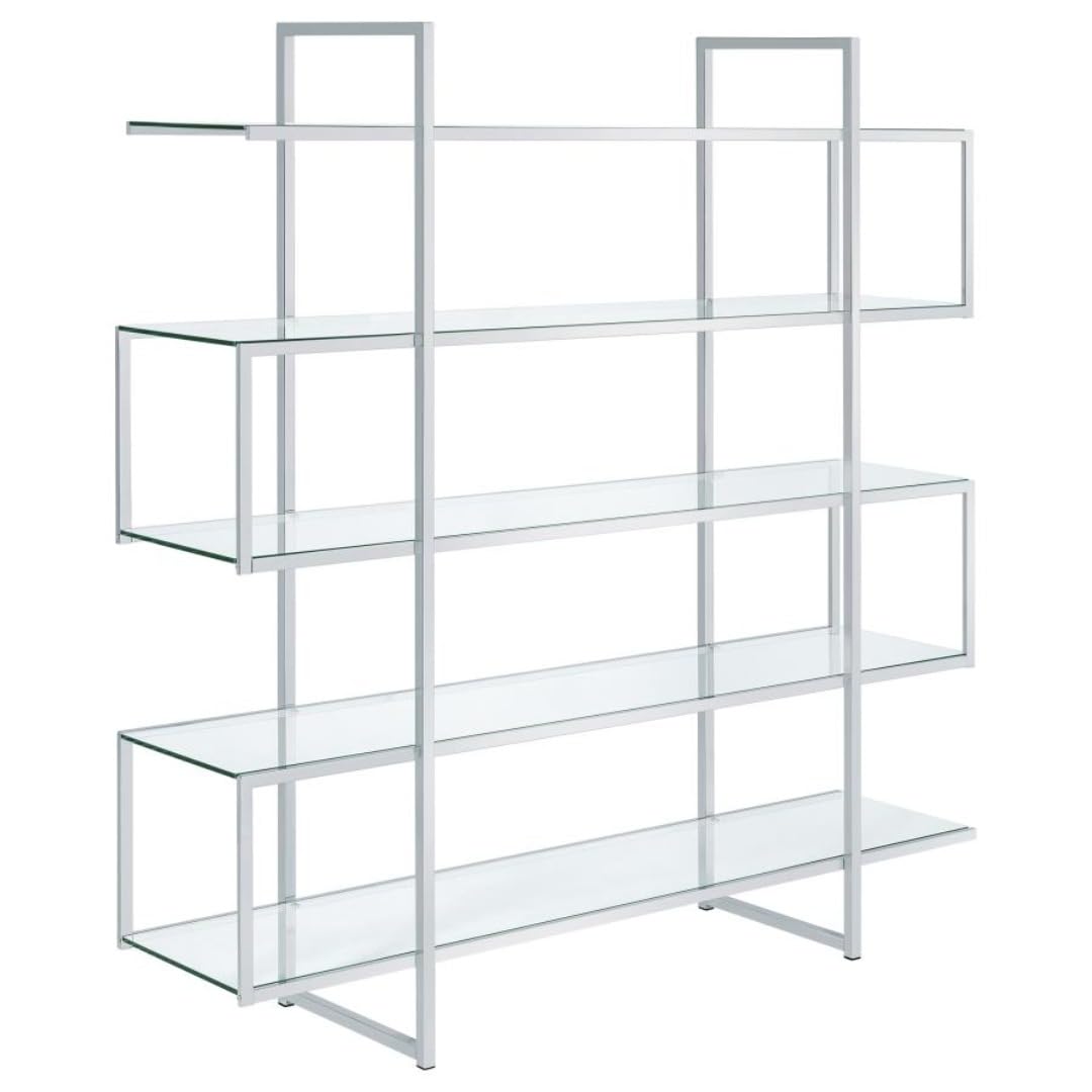 CARTESIAN Stellar Modern Glass Bookshelf, 5-Tier Open Display Case with Chrome Frame, Clear Tempered Glass Shelves, 59" W x 63" H