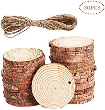Wood Slices,GSLL Wood Slice Ornaments, Natural Wood Slices 2.4"-3.3" Thickness 0.3" Wooden Ornaments Unfinished Predrilled with Hole Wooden Circles Great for Arts and Crafts (30)